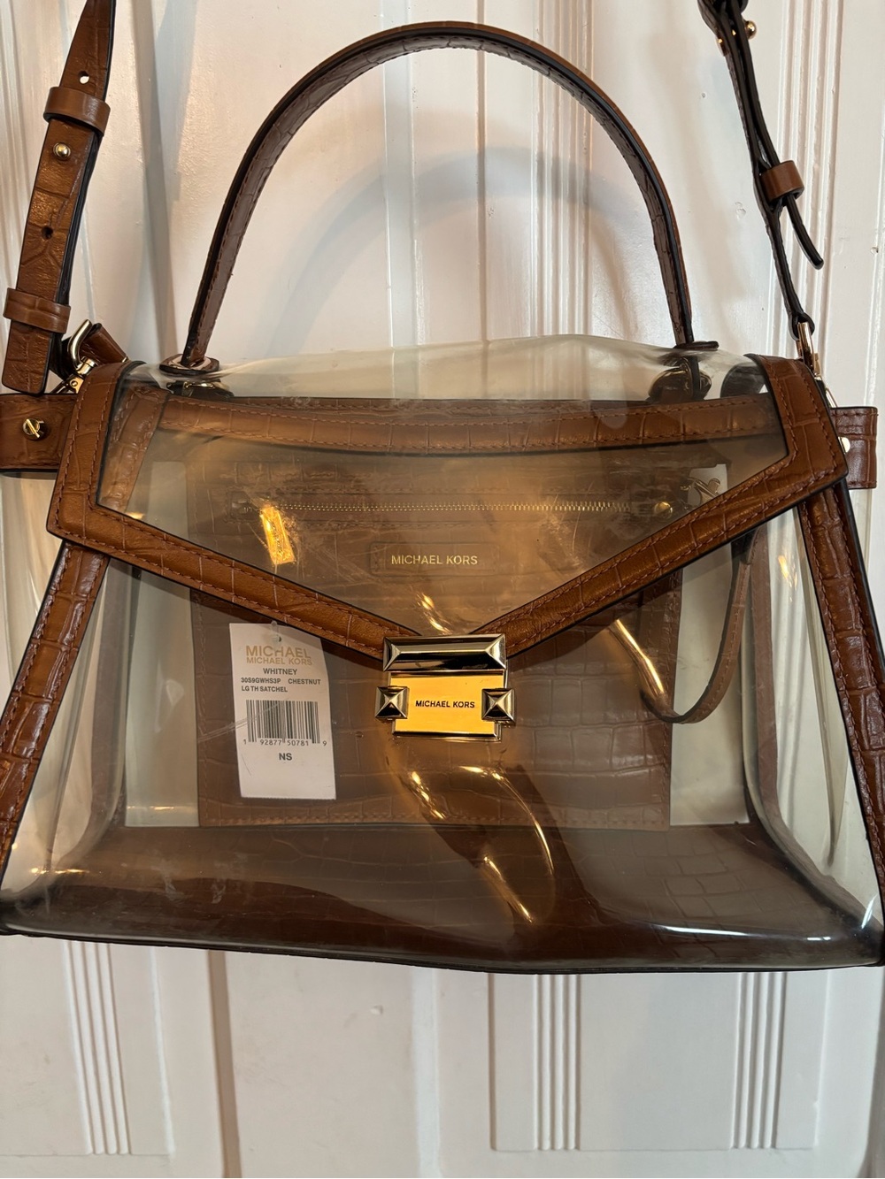 Michael Kors Clear Shoulder Bag with Brown Croc-Embossed Trim and Gold Hardware - Picture 2 of 7